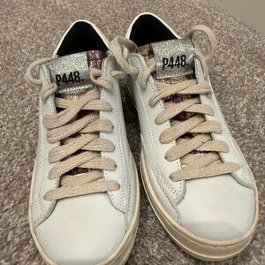 P448 John White Leather Sneakers with Glitter/Metallic Tongue Size 36
